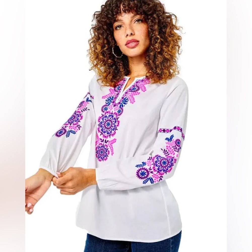 Lilly Pulitzer White Top with Pink and Purple Embroidery